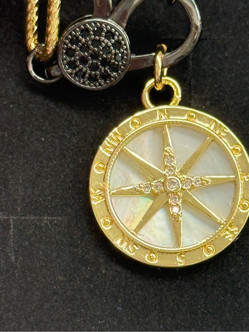 Gold Compass Pendant Necklace with Mother-of-Pearl Inlay